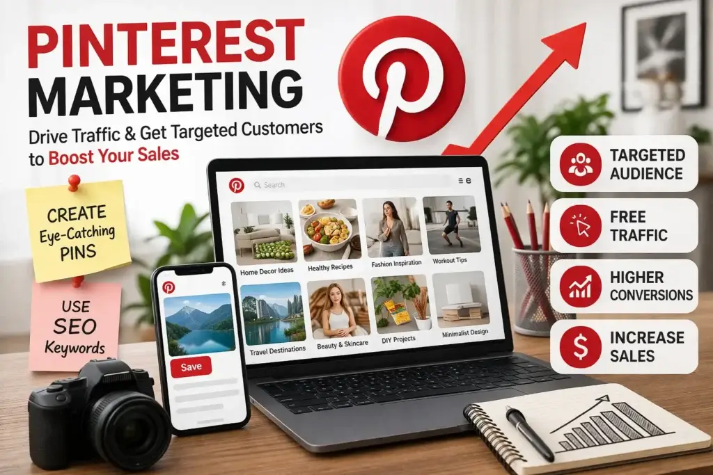 التسويق عبر Pinterest وجلب زيارات وعملاء مستهدفين لزيادة المبيعات تعرف على كيفية جلب زيارات مجانية وزيادة المبيعات من خلال التسويق عبر Pinterest باستخدام أفضل استراتيجيات Pinterest SEO. التسويق عبر Pinterest Pinterest Marketing جلب زيارات من Pinterest زيادة المبيعات Pinterest SEO Lead Generation