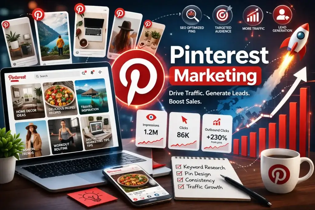تعرف على كيفية جلب زيارات مجانية وزيادة المبيعات من خلال التسويق عبر Pinterest باستخدام أفضل استراتيجيات Pinterest SEO.التسويق عبر Pinterest وجلب زيارات وعملاء مستهدفين لزيادة المبيعات التسويق عبر Pinterest
Pinterest Marketing
جلب زيارات من Pinterest
زيادة المبيعات
Pinterest SEO
Lead Generation