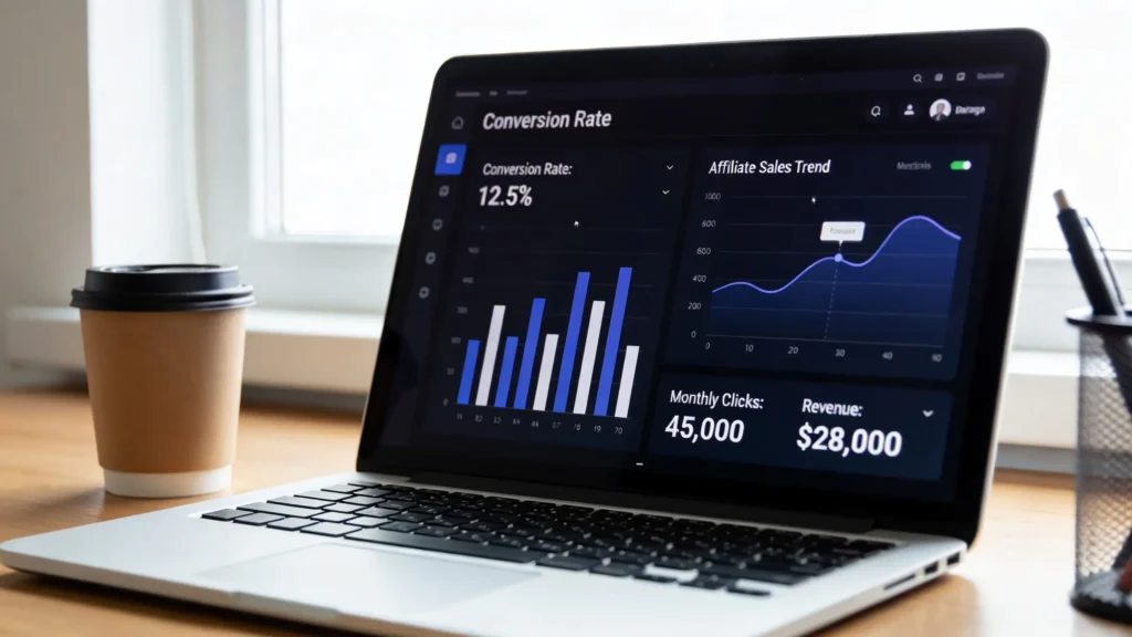 تحليلات المبيعات ومعدلات التحويل في التسويق بالعمولة على شاشة لابتوب احترافية