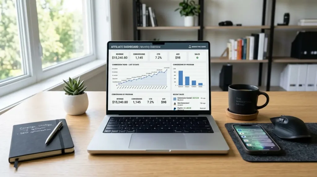 مساحة عمل احترافية للتسويق بالعمولة تعرض لوحة تحكم Affiliate Marketing وتحليل الأرباح