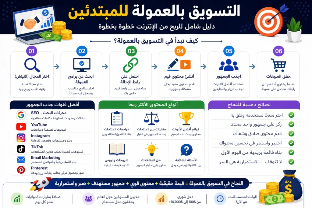 التسويق بالعمولة للمبتدئين خطوة بخطوة 2026 من اختيار النيتش حتى تحقيق أول مبيعات عبر Affiliate Marketing