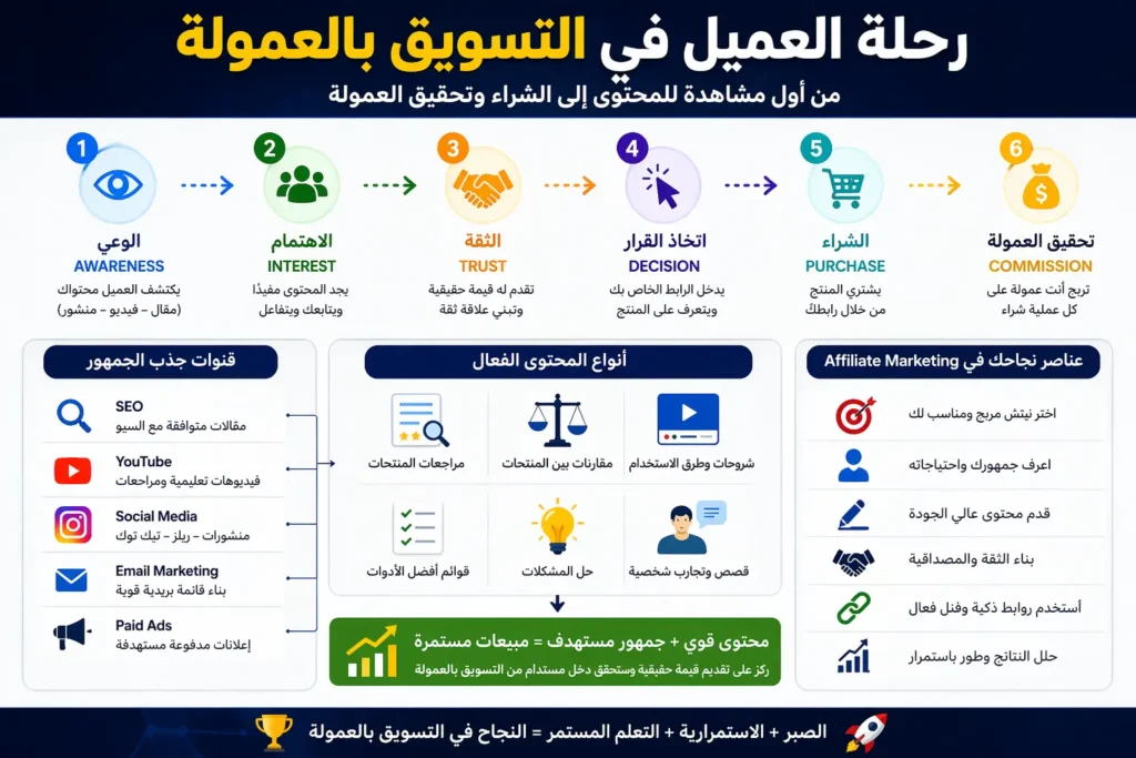 رحلة العميل في التسويق بالعمولة للمبتدئين من الوعي إلى الشراء وتحقيق العمولة عبر Affiliate Marketing 2026