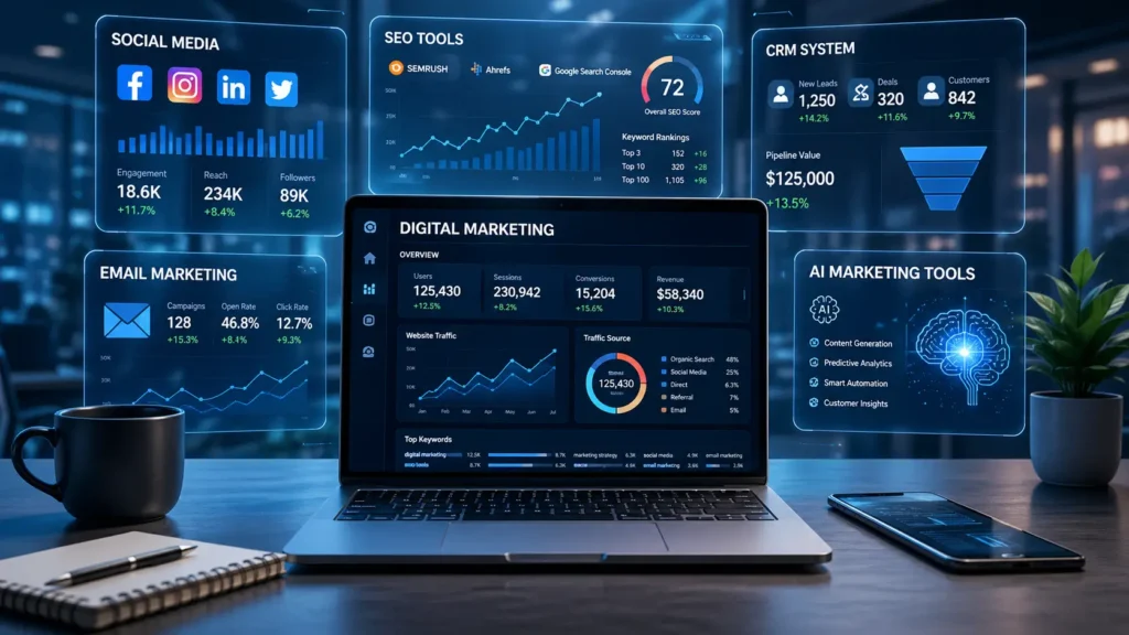 أفضل أدوات التسويق الرقمي 2026 مع أدوات SEO والسوشيال ميديا والتحليلات
