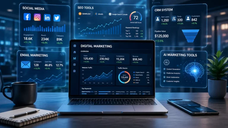 أفضل أدوات التسويق الرقمي 2026 مع أدوات SEO والسوشيال ميديا والتحليلات