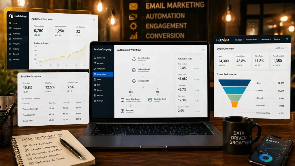 أفضل أدوات التسويق عبر البريد الإلكتروني مثل Mailchimp وHubSpot