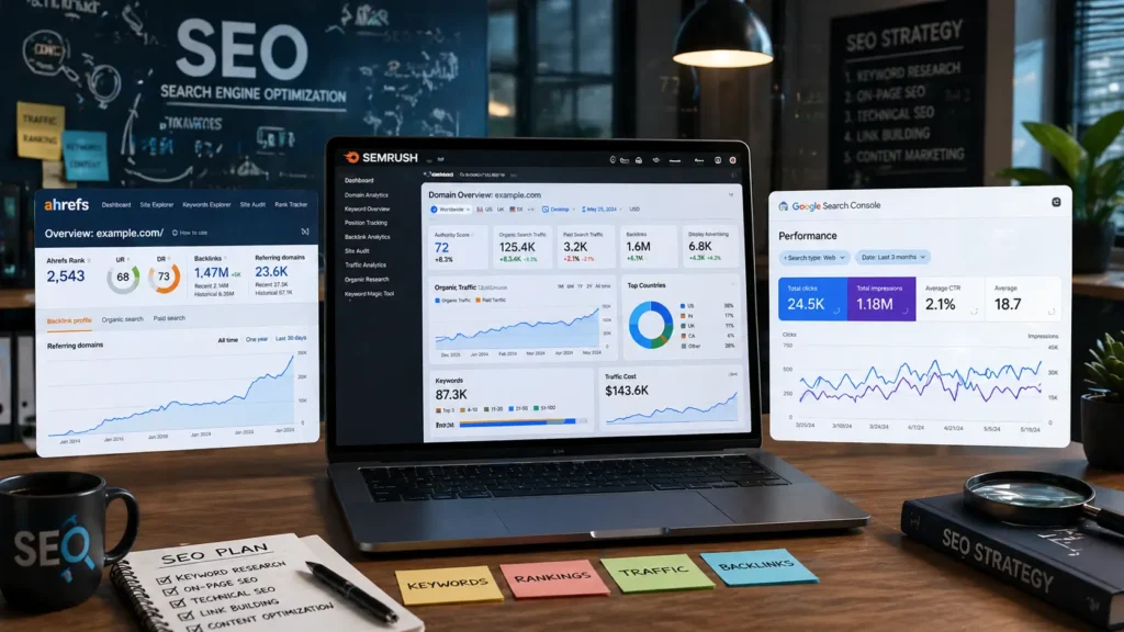 أفضل أدوات SEO مثل SEMrush وAhrefs وGoogle Search Console