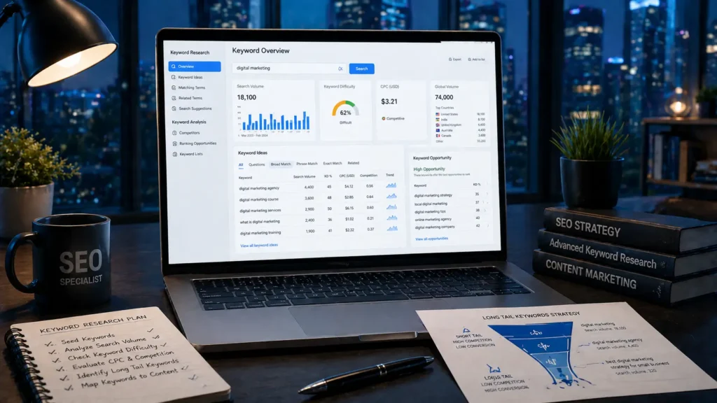 صورة توضح تحليل الكلمات المفتاحية Keyword Research في SEO