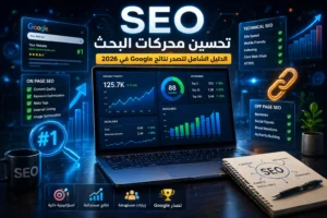 صورة احترافية توضح مفهوم تحسين محركات البحث SEO وتصدر نتائج Google