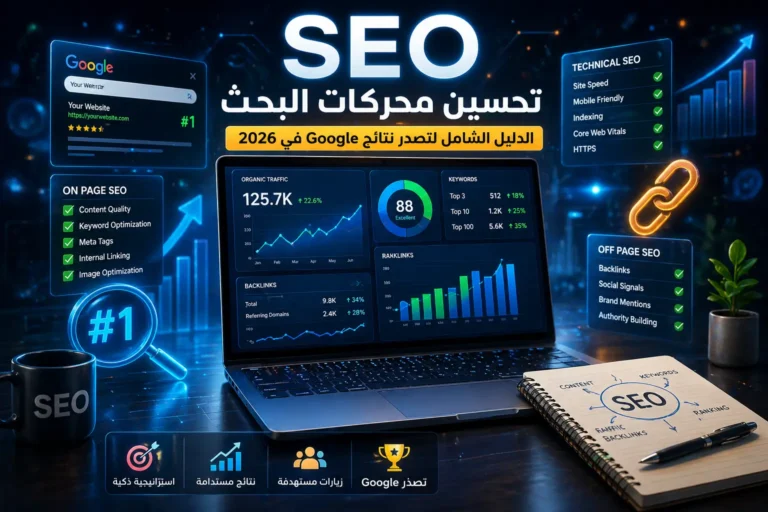 صورة احترافية توضح مفهوم تحسين محركات البحث SEO وتصدر نتائج Google