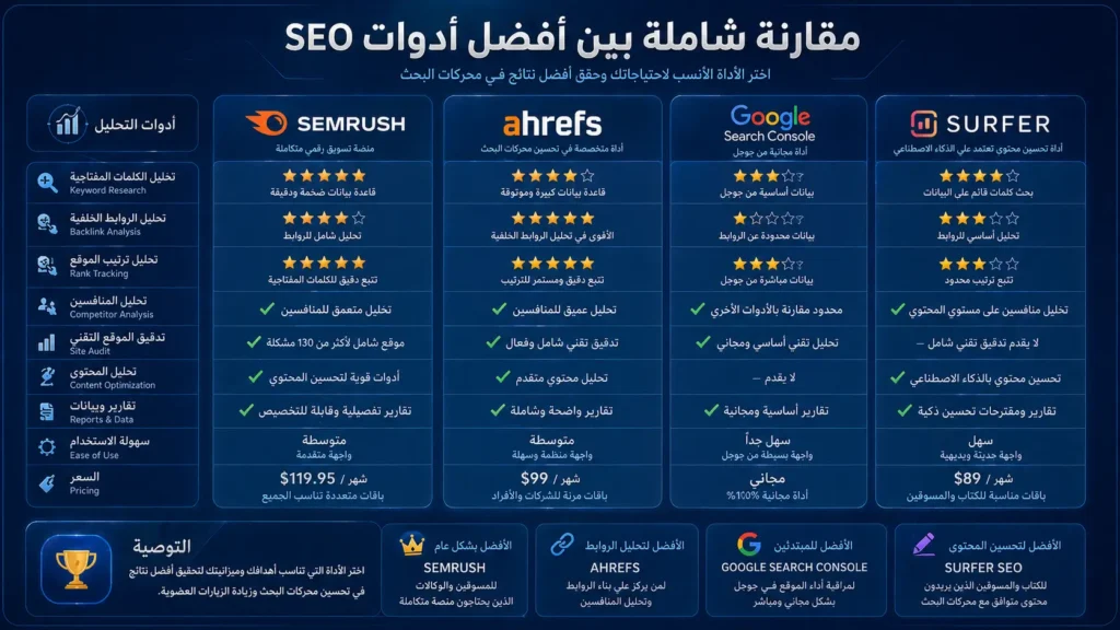 مقارنة بين أفضل أدوات SEO الاحترافية