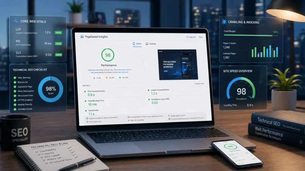 صورة توضح تحسين السيو التقني وسرعة الموقع Core Web Vitals