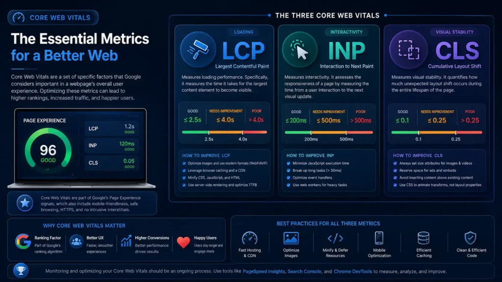 انفوجرافيك يوضح مؤشرات Core Web Vitals في السيو التقني