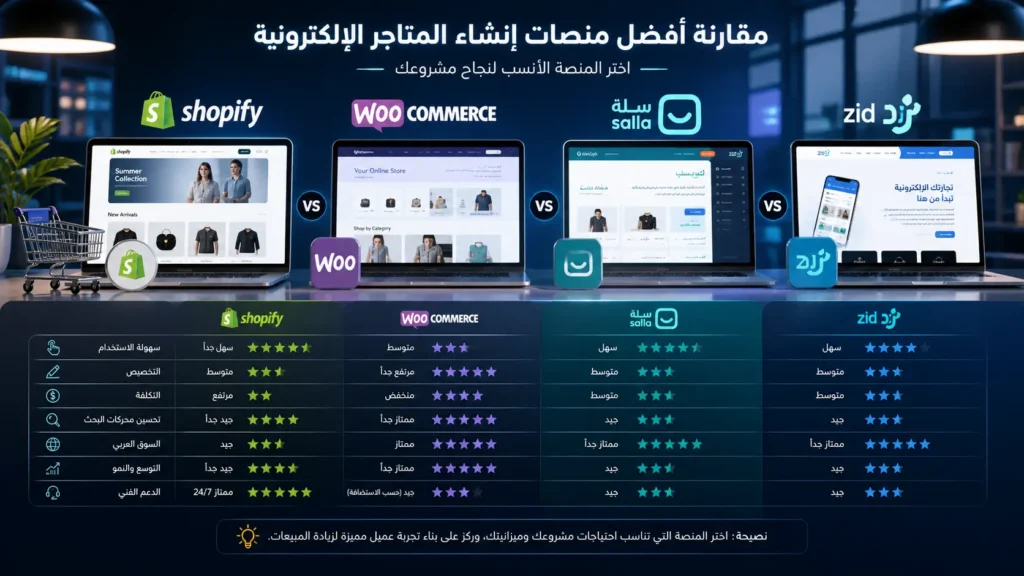مقارنة بين Shopify و WooCommerce و Salla و Zid لإنشاء متجر إلكتروني احترافي