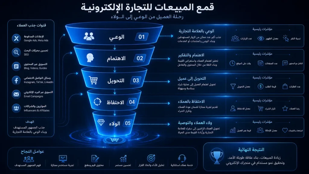 انفوجرافيك يوضح Funnel المبيعات للمتجر الإلكتروني من الوعي حتى الولاء