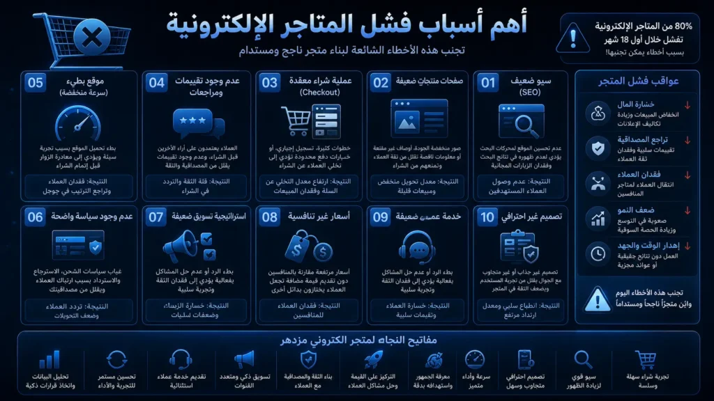 انفوجرافيك يوضح أهم أسباب فشل المتاجر الإلكترونية وضعف المبيعات