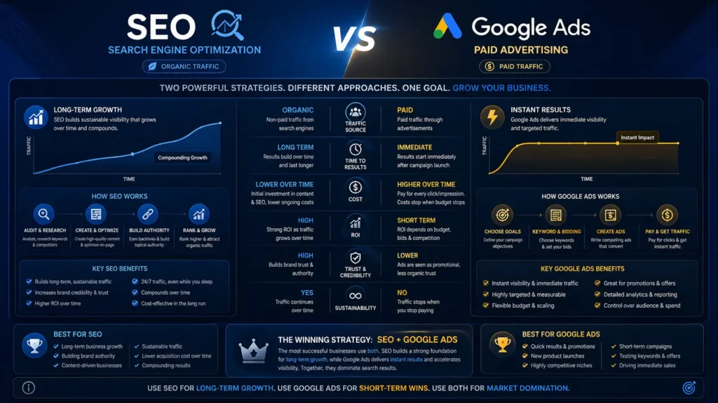 انفوجرافيك مقارنة بين SEO والإعلانات المدفوعة Google Ads