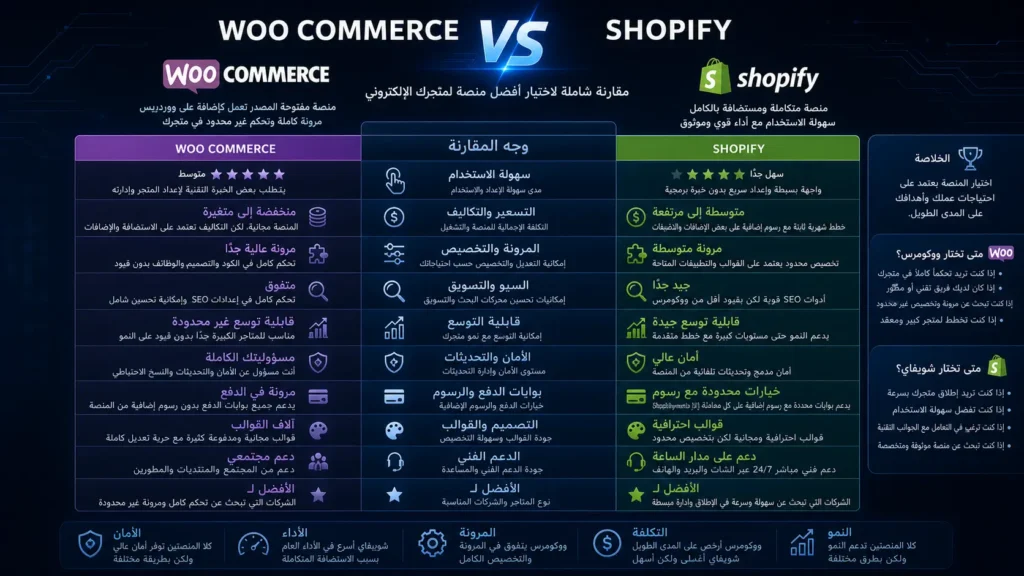 انفوجرافيك مقارنة بين WooCommerce و Shopify لإنشاء متجر إلكتروني احترافي